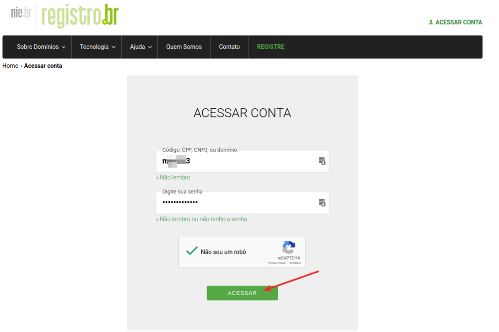 Acessando sua conta no registro.br