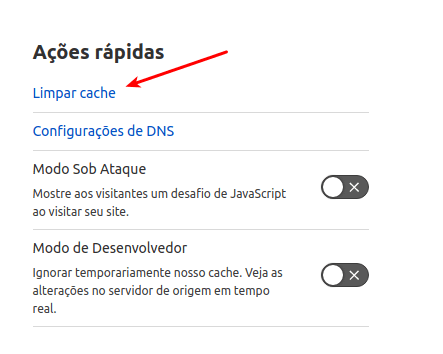 Ações rápidas - Limpeza de cache